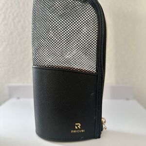 Black Toiletry Bag with Mesh Design and Leather Base